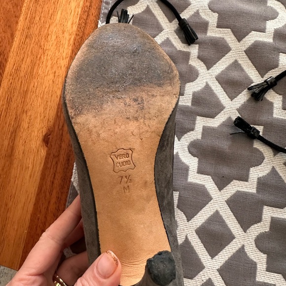 Grey suede and black leather open toe booties. Very chic! - Picture 3 of 3